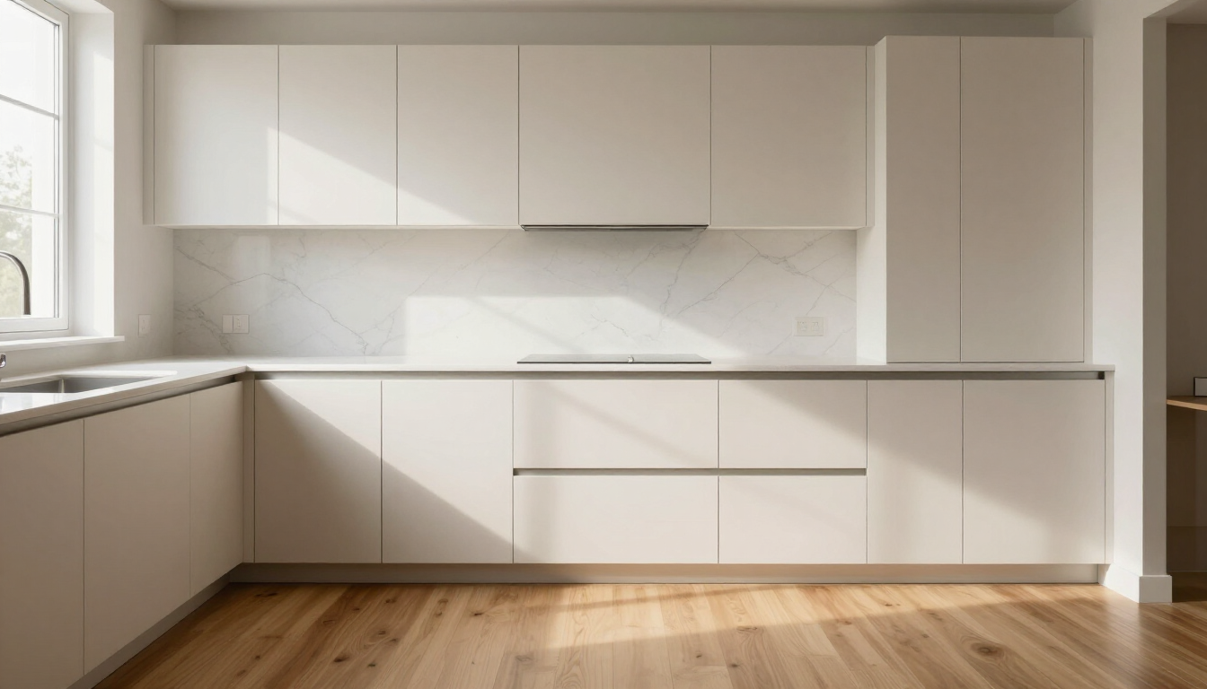 Modern white kitchen with sleek cabinets, gray backsplash, and wood floor, lit by natural light