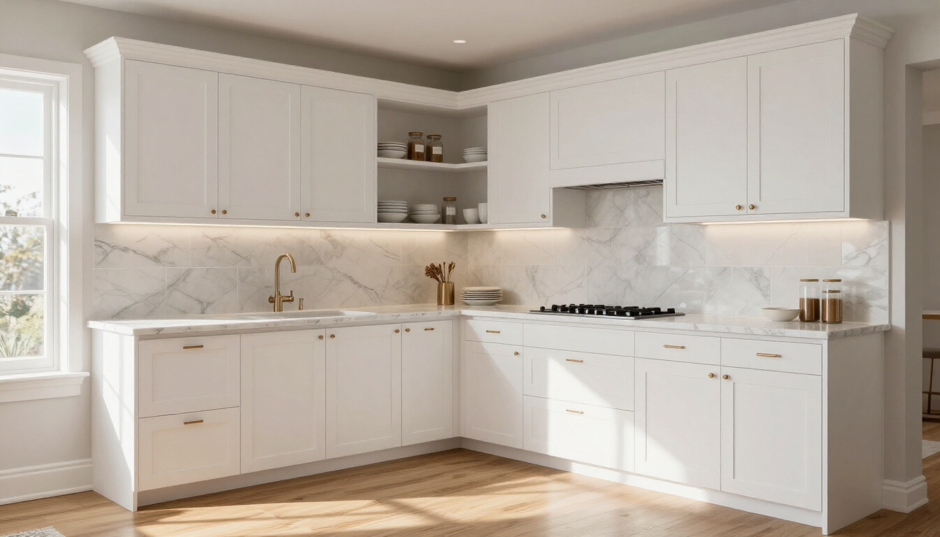 Bright white kitchen with marble backsplash, gold fixtures, and wood floors