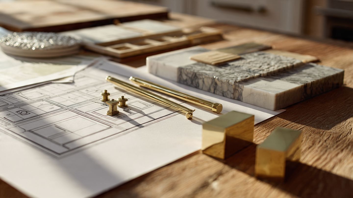 Architectural floor plan with brass scale model pieces on a wooden desk