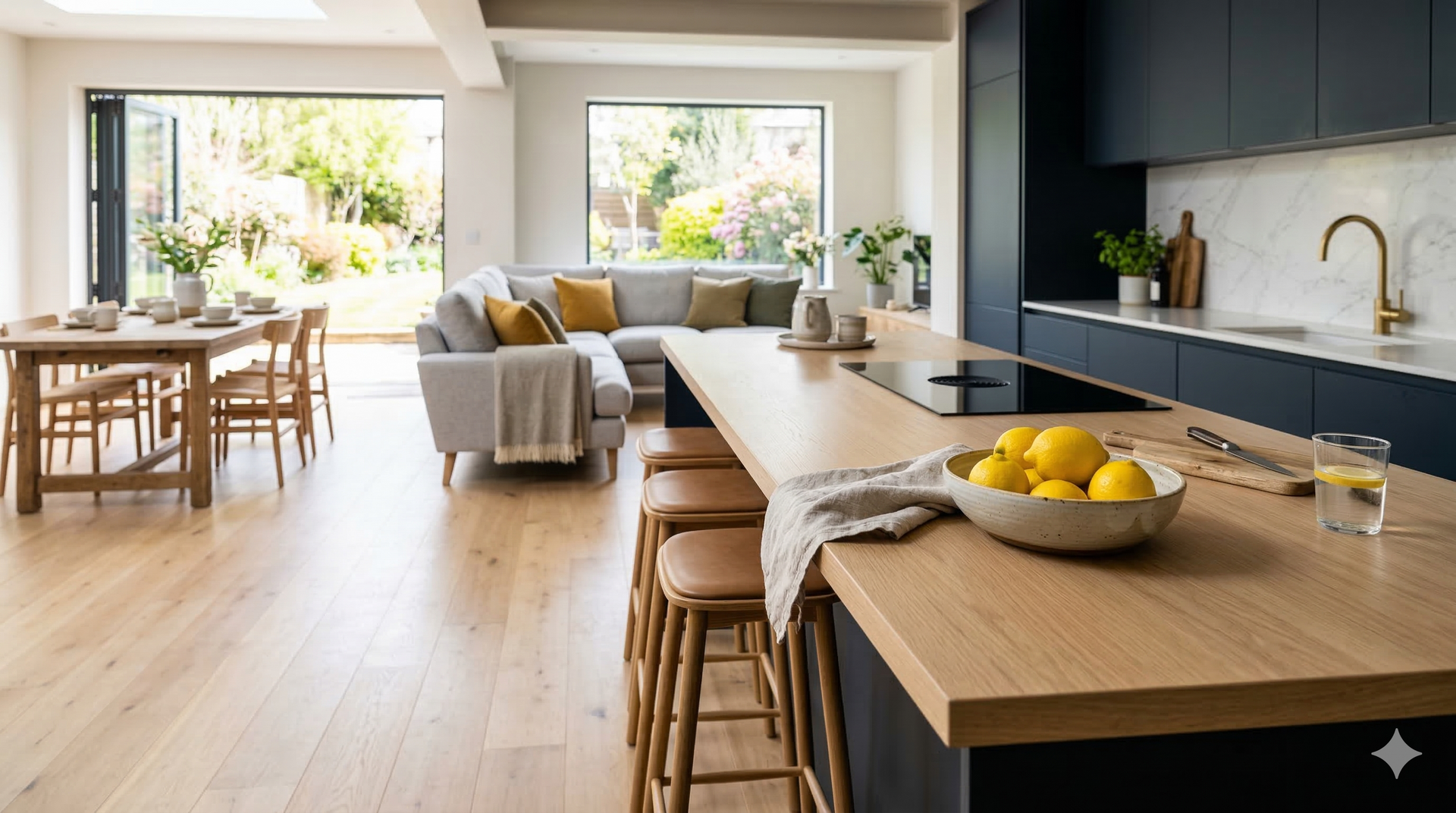 Modern open-plan kitchen and living area with a wooden island, dark cabinets, a dining table, and a grey sectional sofa.