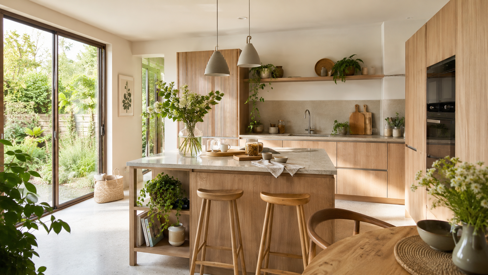 Bright modern kitchen with wooden island, stools, large windows, and plants in warm sunlight