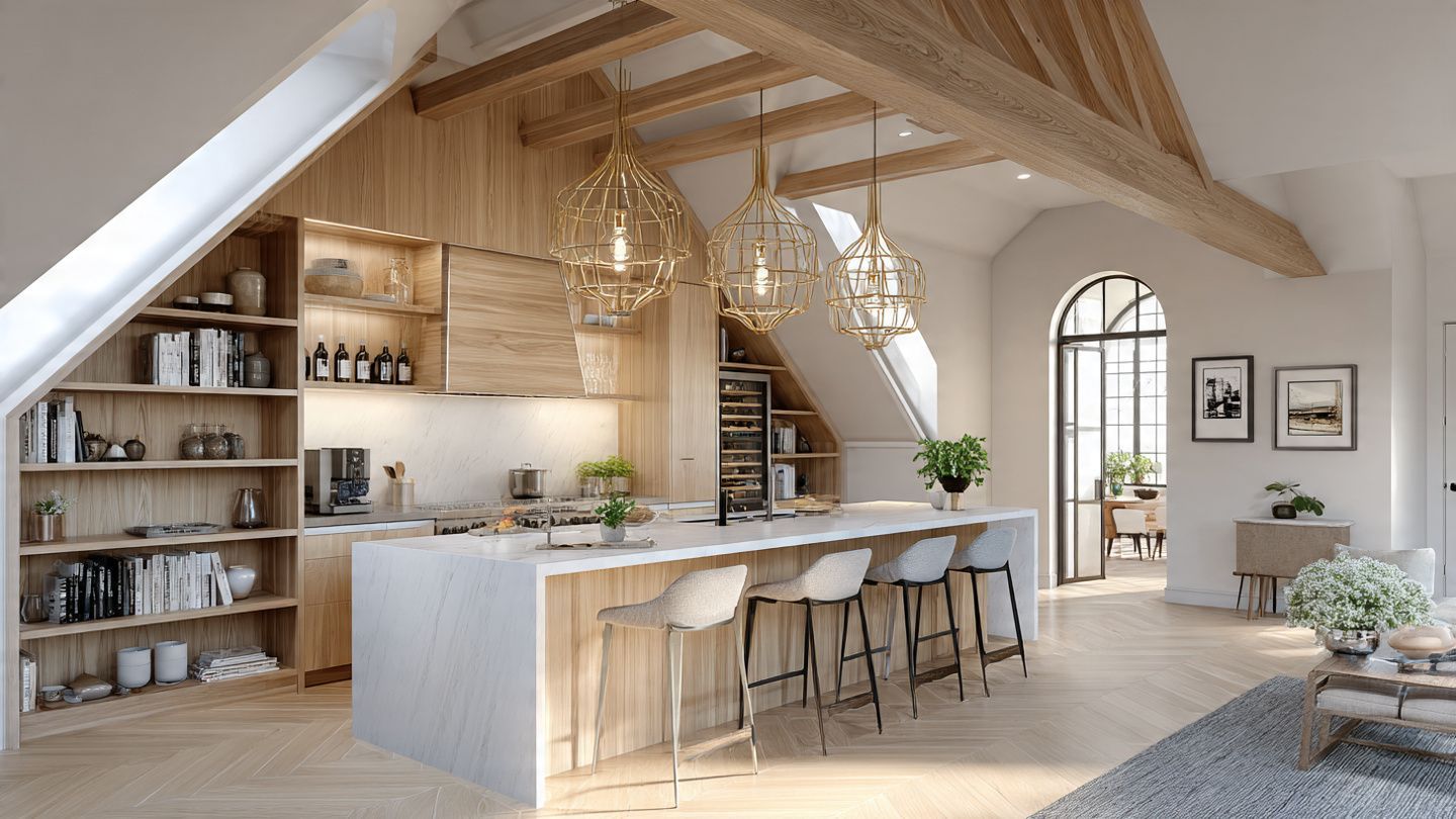 Bright modern kitchen with wood beams, marble island, bar stools, and arched doorway