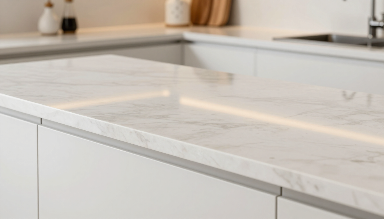 White marble kitchen countertop with clean, modern cabinets in the background