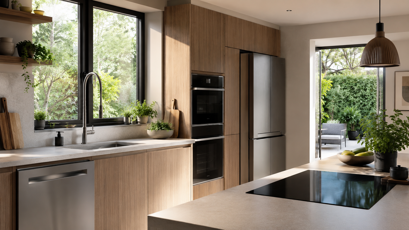 Modern kitchen with wooden cabinets, black countertops, stainless appliances, and large windows overlooking greenery
