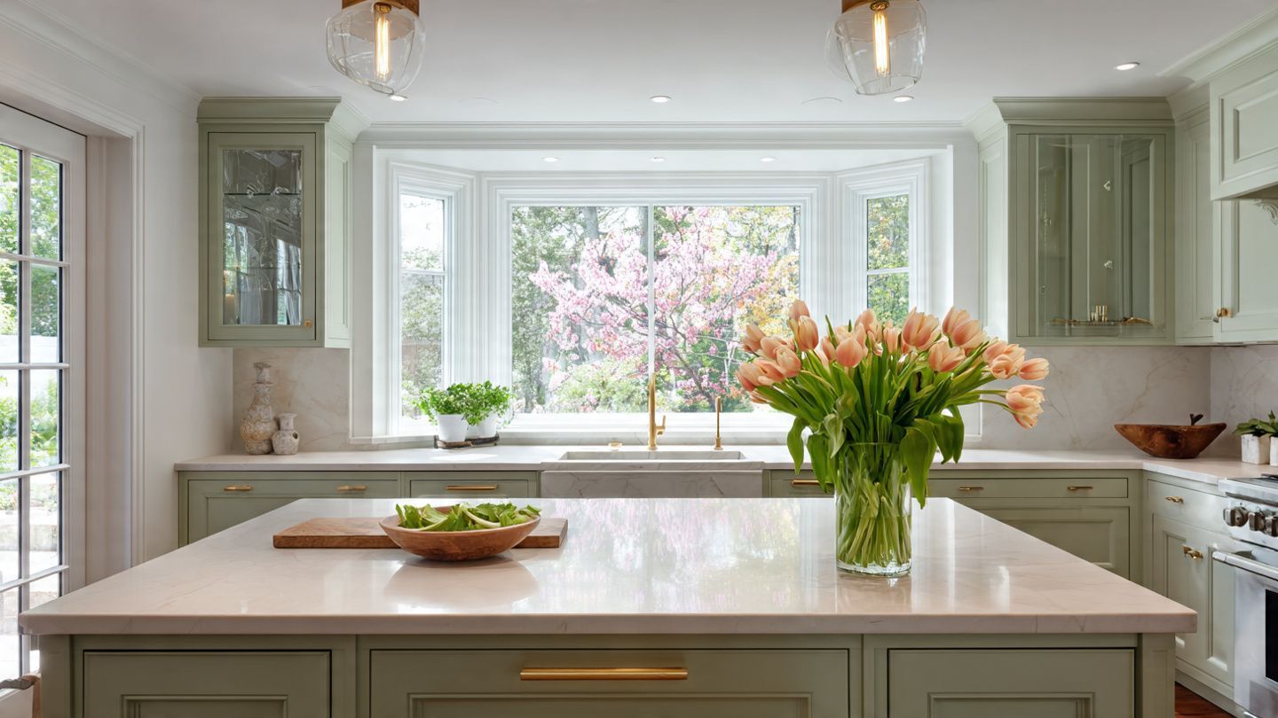 Bright white kitchen with a large island, flowers, and a window view of blooming trees