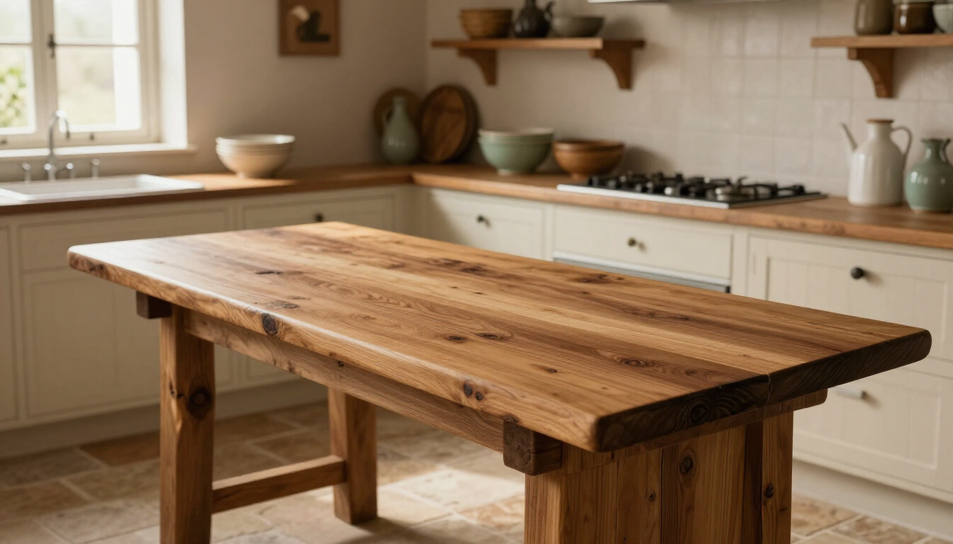Rustic wooden table in a bright modern kitchen with white cabinets and a gas stove