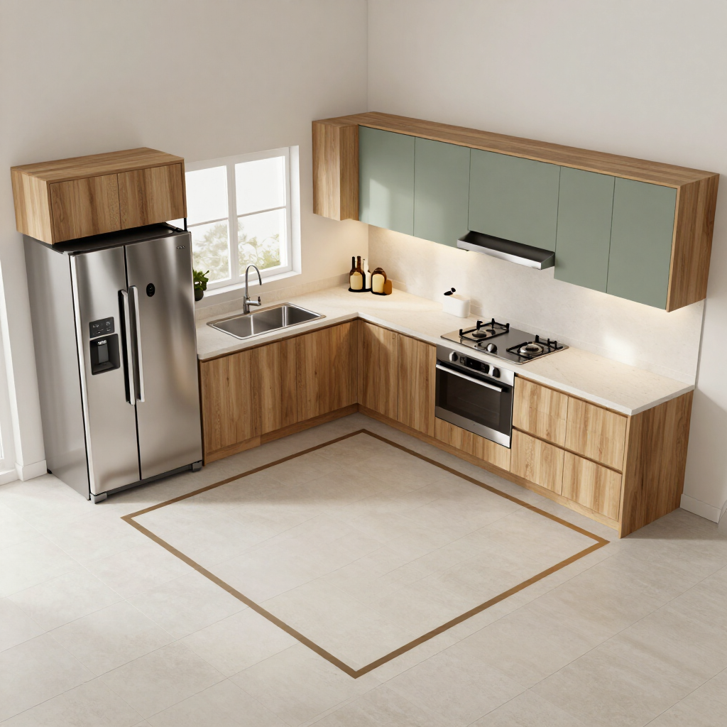 Modern L-shaped kitchen with wood cabinets, stainless fridge, pale green upper cabinets, and a sink by a window.