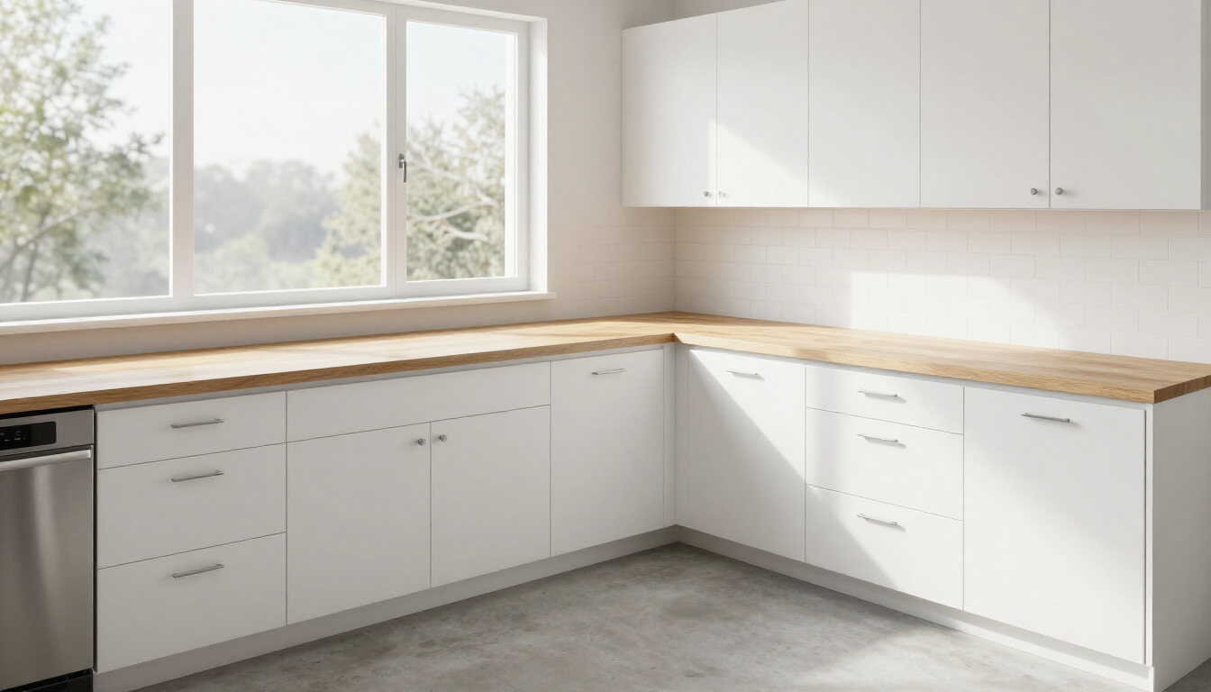 Bright modern white kitchen with wood countertops, large window, and built-in cabinets