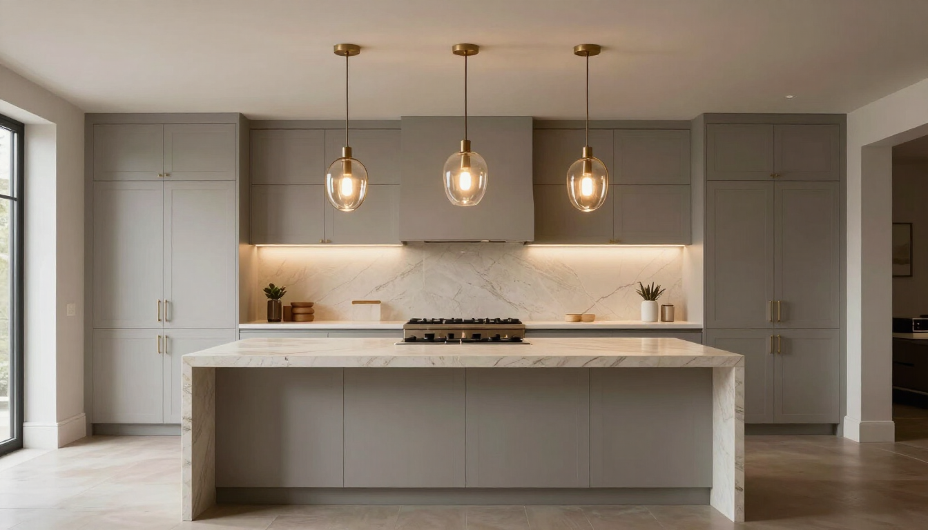 Modern white kitchen with a large island, marble backsplash, and three pendant lights