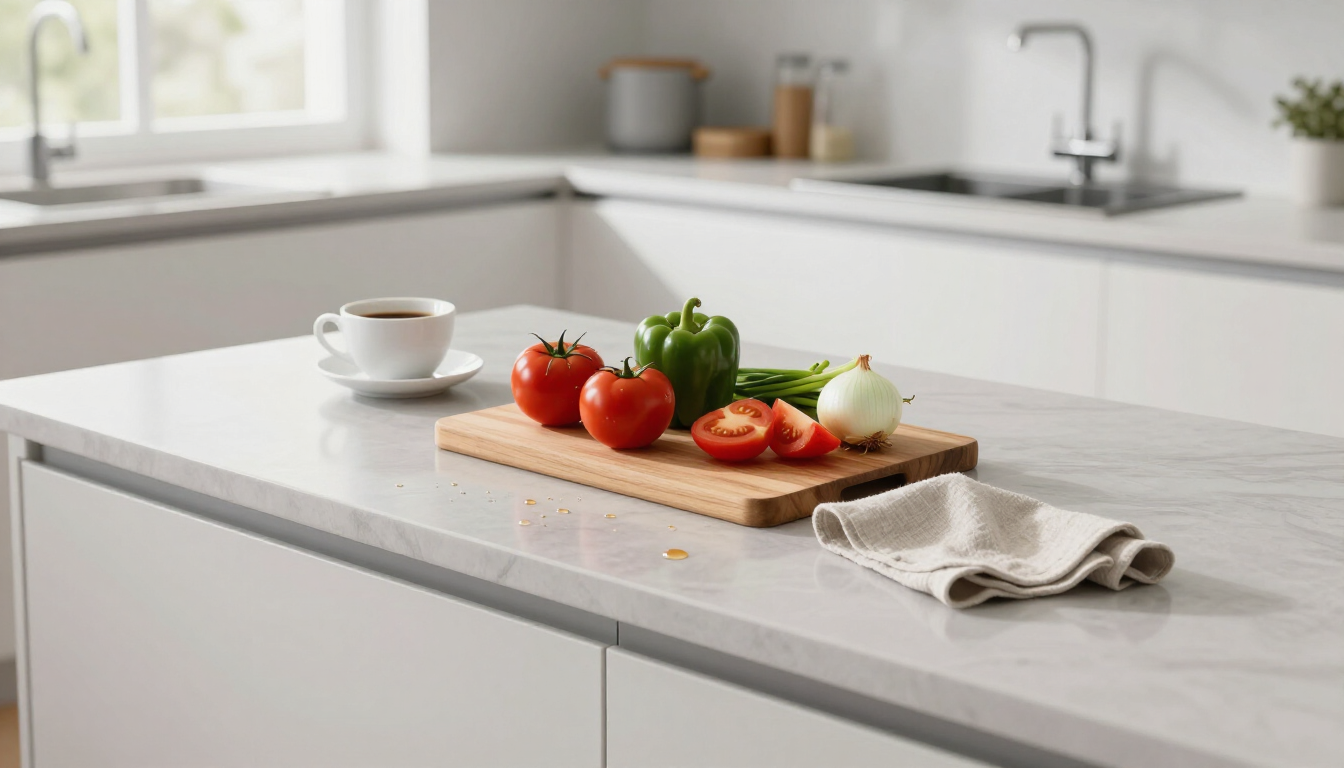 Fresh tomatoes and basil on a cutting board in a bright modern kitchen