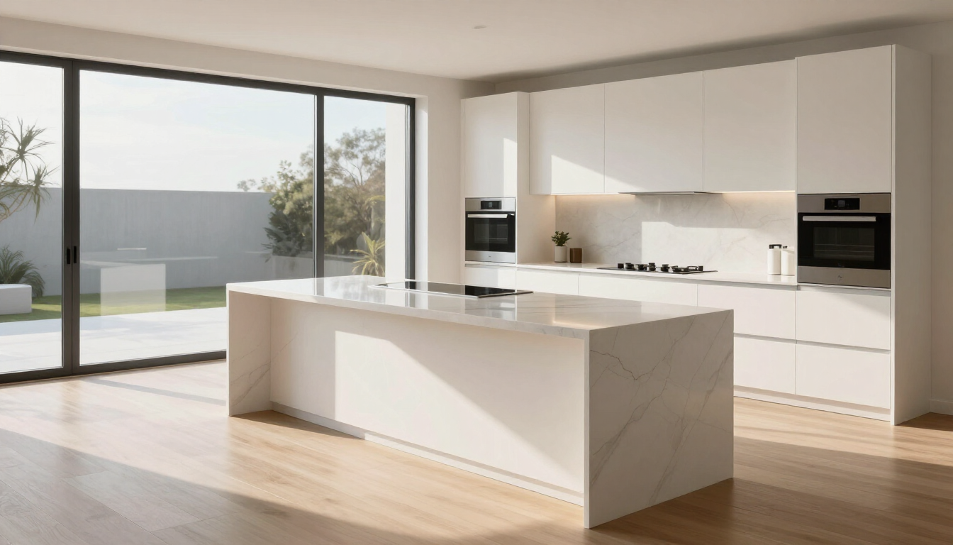 Bright modern kitchen with white island, built-in cabinets, and large glass doors to a patio