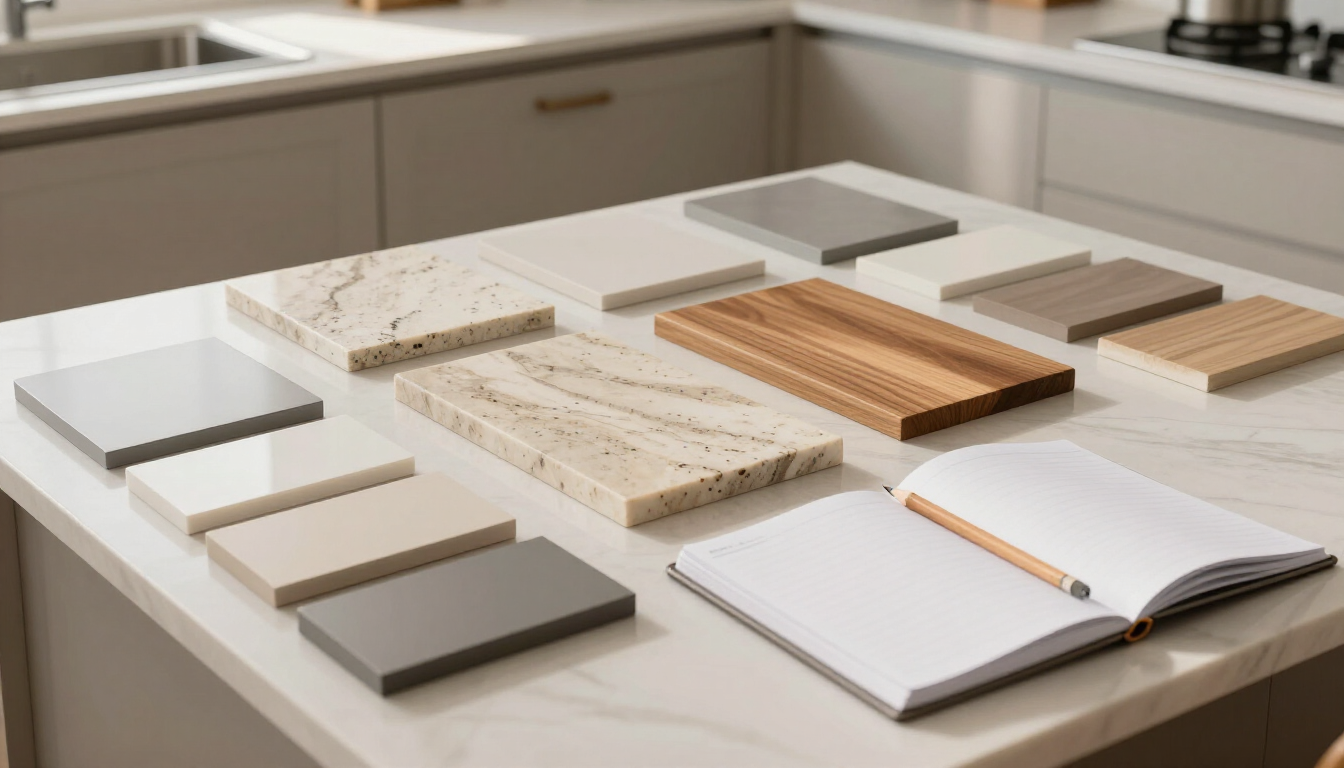 Swatches of countertops and wood finishes arranged on a kitchen island next to an open notebook and pencil.