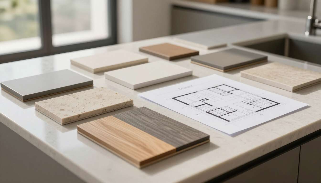 Sample wood and tile finishes arranged on a table beside a floor plan sketch.