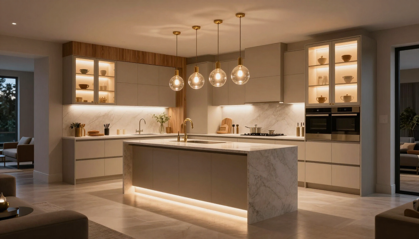 Modern open-concept kitchen with wood cabinets, marble island, pendant lights, and warm under-cabinet lighting