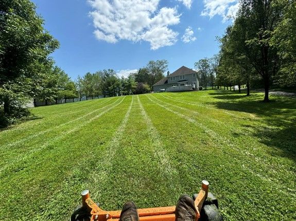 A person is riding a lawn mower through a lush green field.