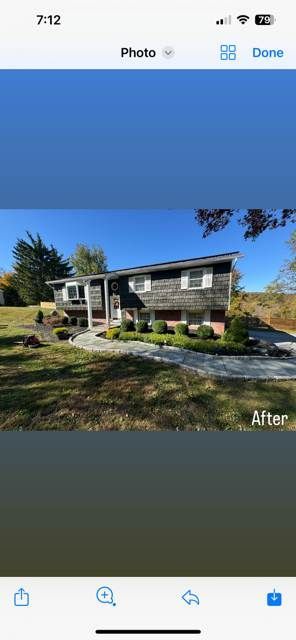 A phone screen shows a picture of a house before and after being painted.