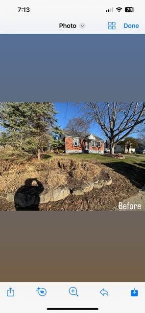 A phone screen shows a before and after photo of a house.