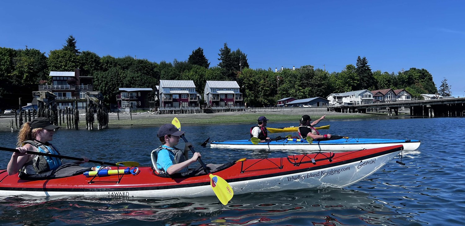 A group of people are sitting in kayaks on the beach.