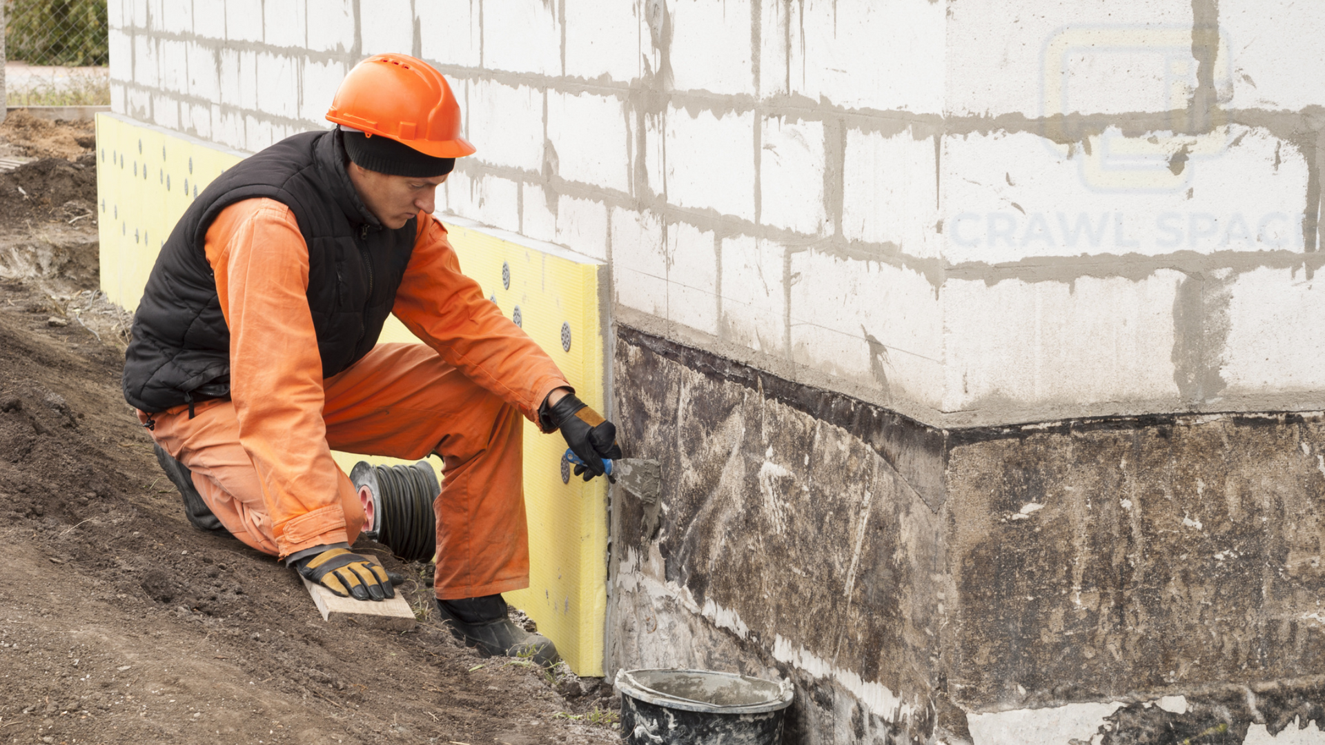 A man is sitting on the ground working on a brick wall.