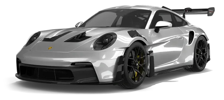 Silver sports car with black accents and large rear wing on a white background
