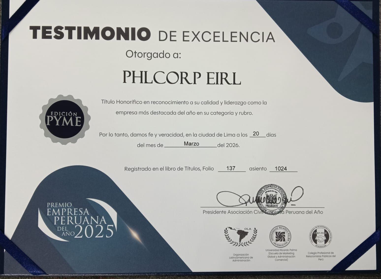 TESTIMONIO DE EXCELENCIA PHLCORP EIRL 2026