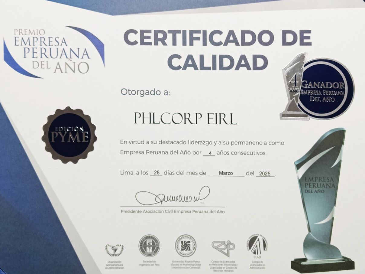 Certificado de calidad para PHLCORP EIRL, Empresa peruana del año 2025