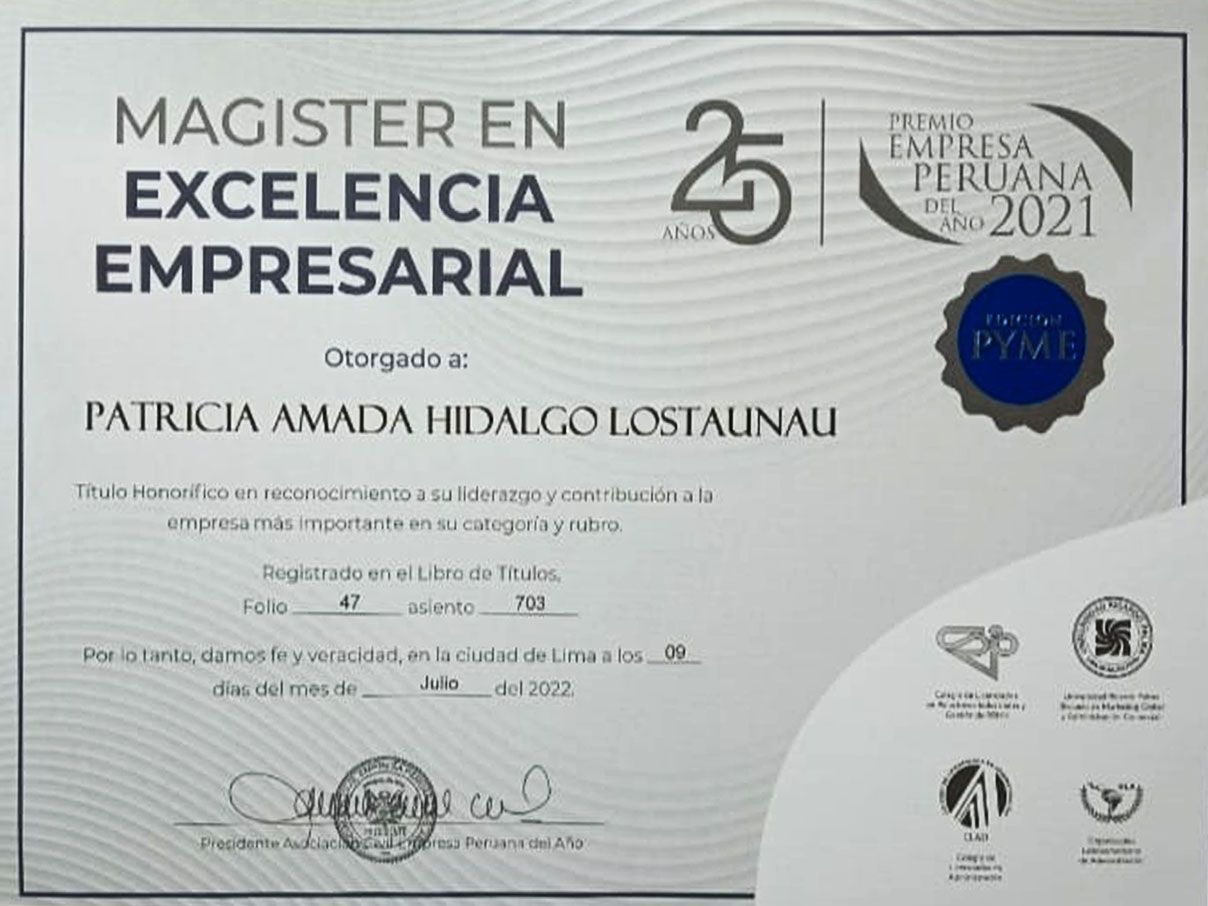 Certificado de calidad para PHLCORP EIRL, Empresa peruana del año 2022