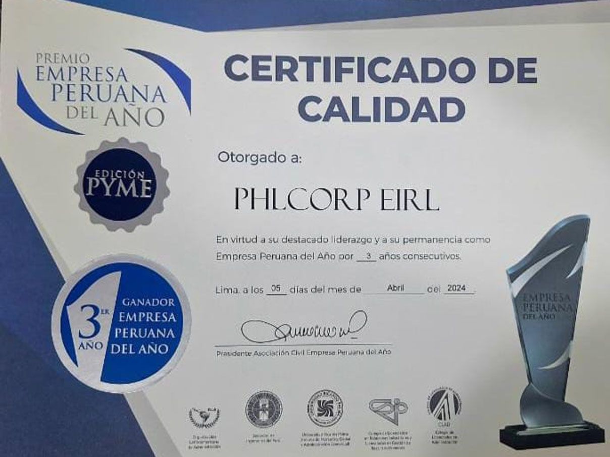 Certificado de calidad para PHLCORP EIRL, Empresa peruana del año 2024