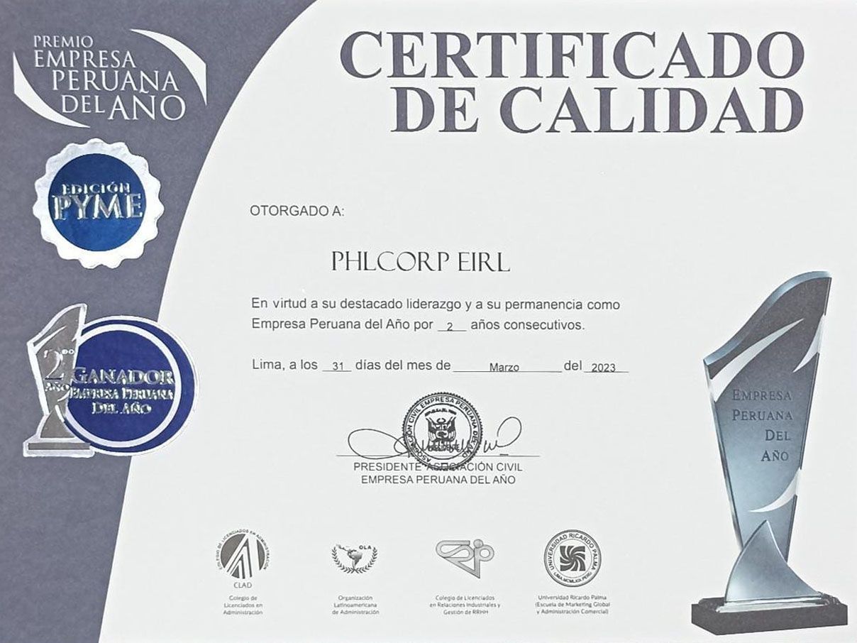 Certificado de calidad para PHLCORP EIRL, Empresa peruana del año 2023