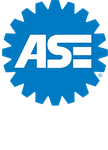 Blue ASE logo, a gear-shaped outline, with 