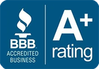 BBB Accredited Business logo with a blue background and an A+ rating.