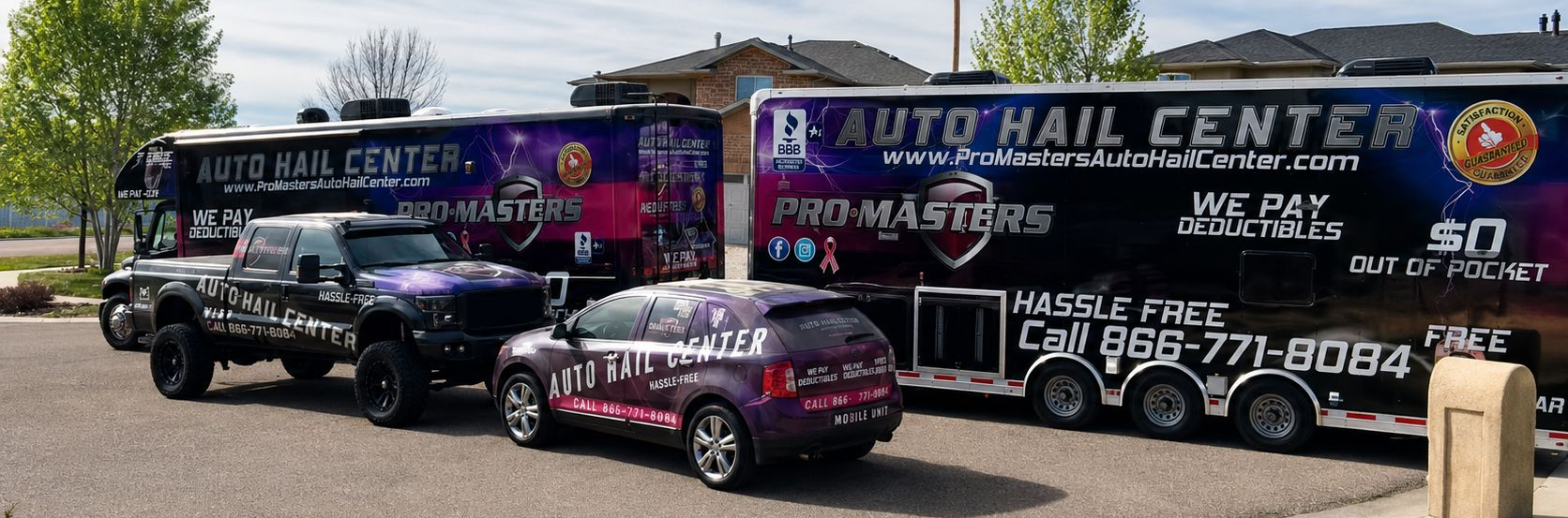 Auto hail repair trucks and trailer parked outside, with large service signage and branding.