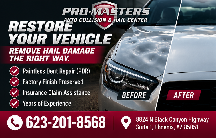 Pro-Masters Collision ad for vehicle repair, with before-and-after car image and contact info on red and black banner.