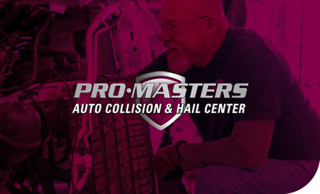Pro-Masters Auto Collision logo with a man inspecting a car, overlaid on a pink background.