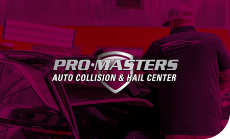 Man sanding a car at Pro Masters Auto Collision & Hail Center. Logo is over a red-purple background.