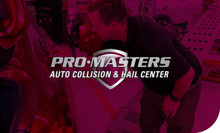 Man inspecting vehicle at auto collision center. Pro Masters logo in the center.