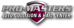 Pro Masters Auto Collision & Hail Center logo with a shield. Gray text on a white background.