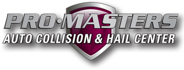 Logo for Pro-Masters Auto Collision & Hail Center in silver text, on a shield with a maroon interior.
