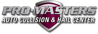Logo for Pro-Masters Auto Collision & Hail Center. Features a shield graphic in dark red and gray with the company name.