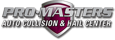 Pro-Masters Auto Collision & Hail Center logo with a shield, in shades of silver and burgundy.