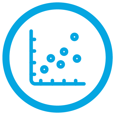 A blue icon of a graph with bubbles in a circle.
