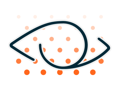 A line drawing of an eye surrounded by orange dots on a white background.