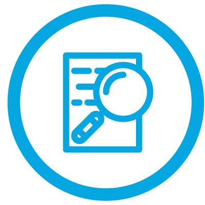A magnifying glass is looking at a piece of paper in a blue circle.