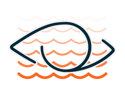 A drawing of an eye in the water with waves behind it.