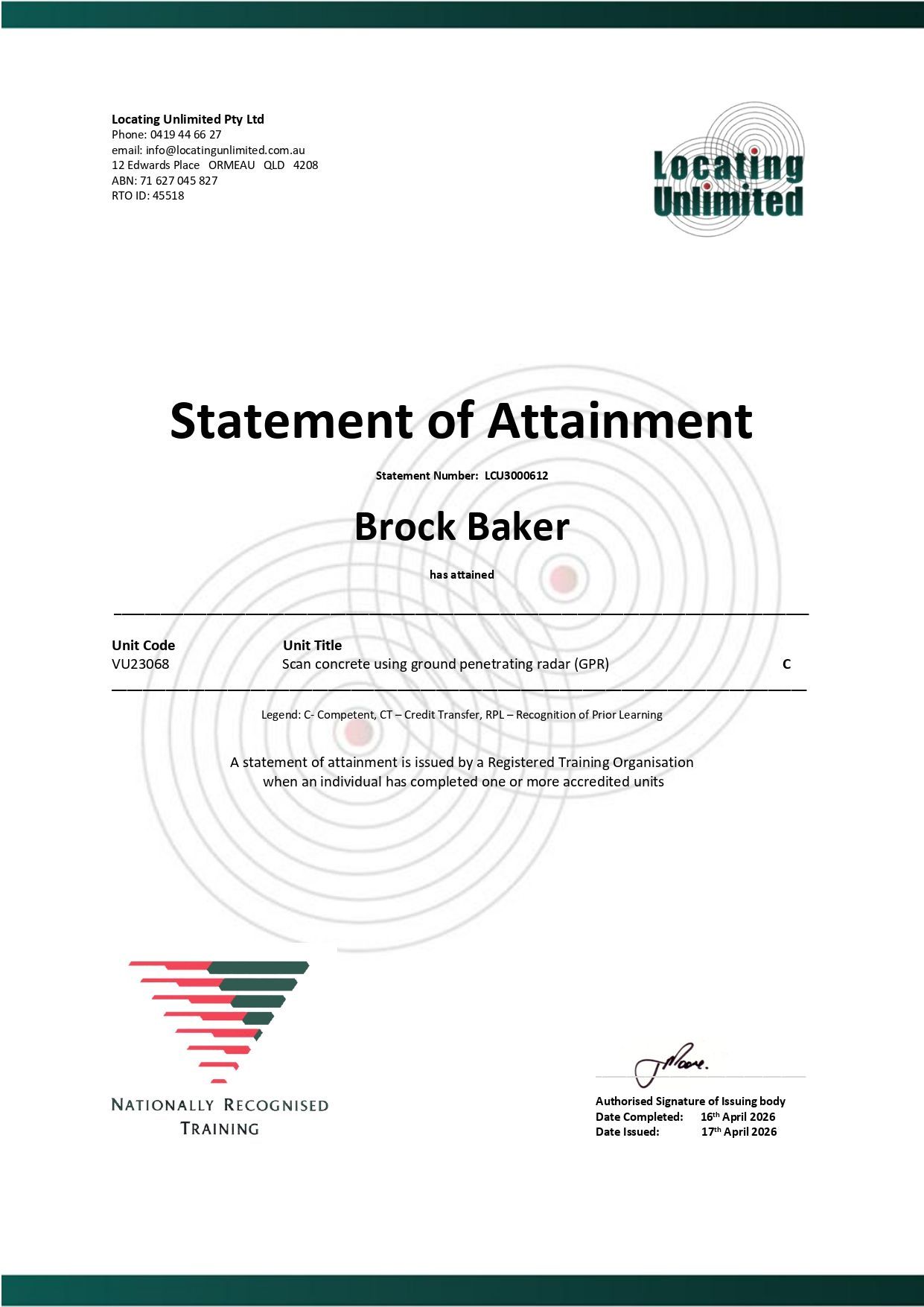 Certificate of Completion From Certloc Solutions Awarded to Brock Baker — Found It Down Under in Glenwood, QLD