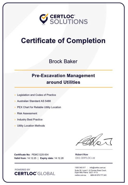 Certificate of Completion From Certloc Solutions Awarded to Brock Baker — Found It Down Under in Glenwood, QLD
