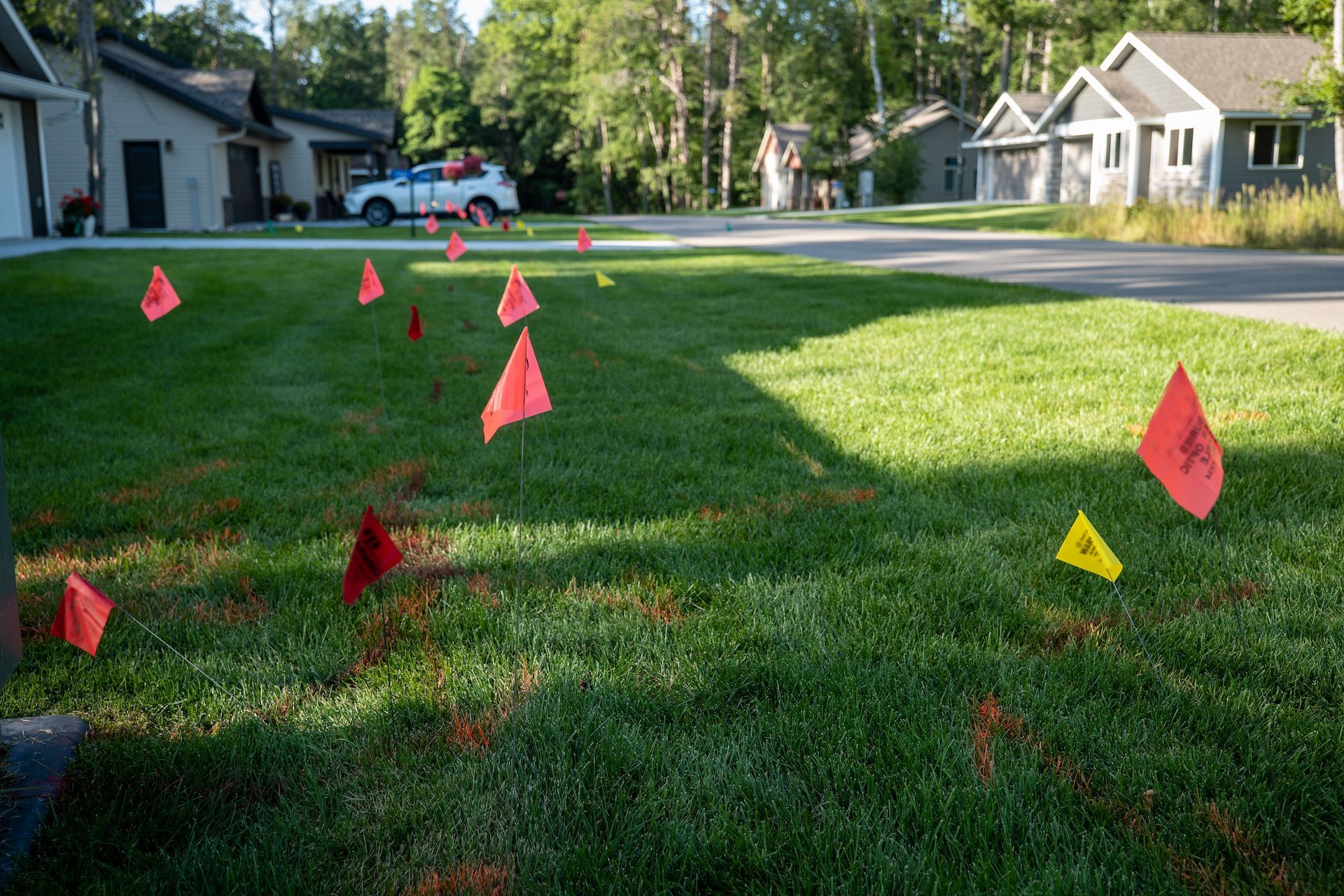 Lawn With Red and Yellow Flags Marking Underground Utilities — Found It Down Under in Goomeri, QLD