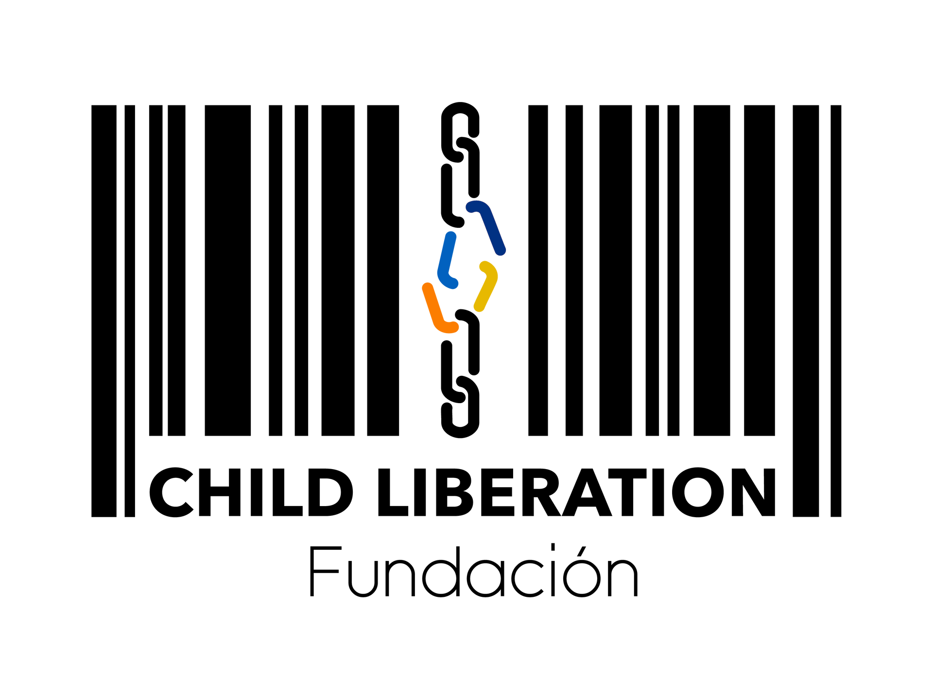 Child Liberation Fundación logo with black barcode bars and linked colored figures