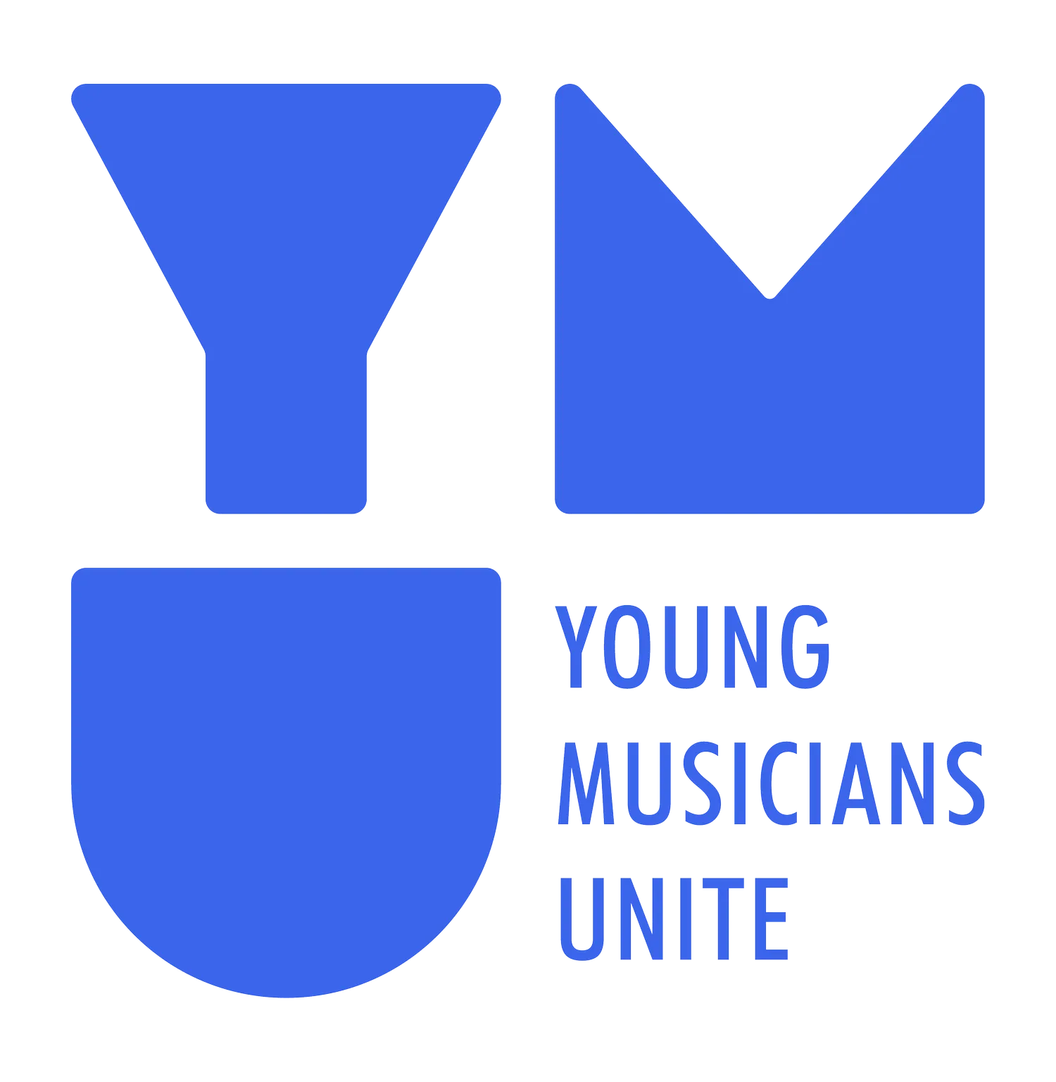 Blue Young Musicians Unite logo with abstract instrument shapes and text