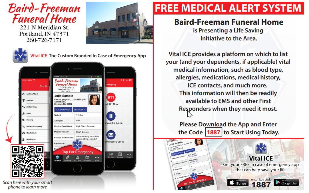 Flyer for Baird-Freeman Funeral Home free medical alert system, with phone app and emergency response images